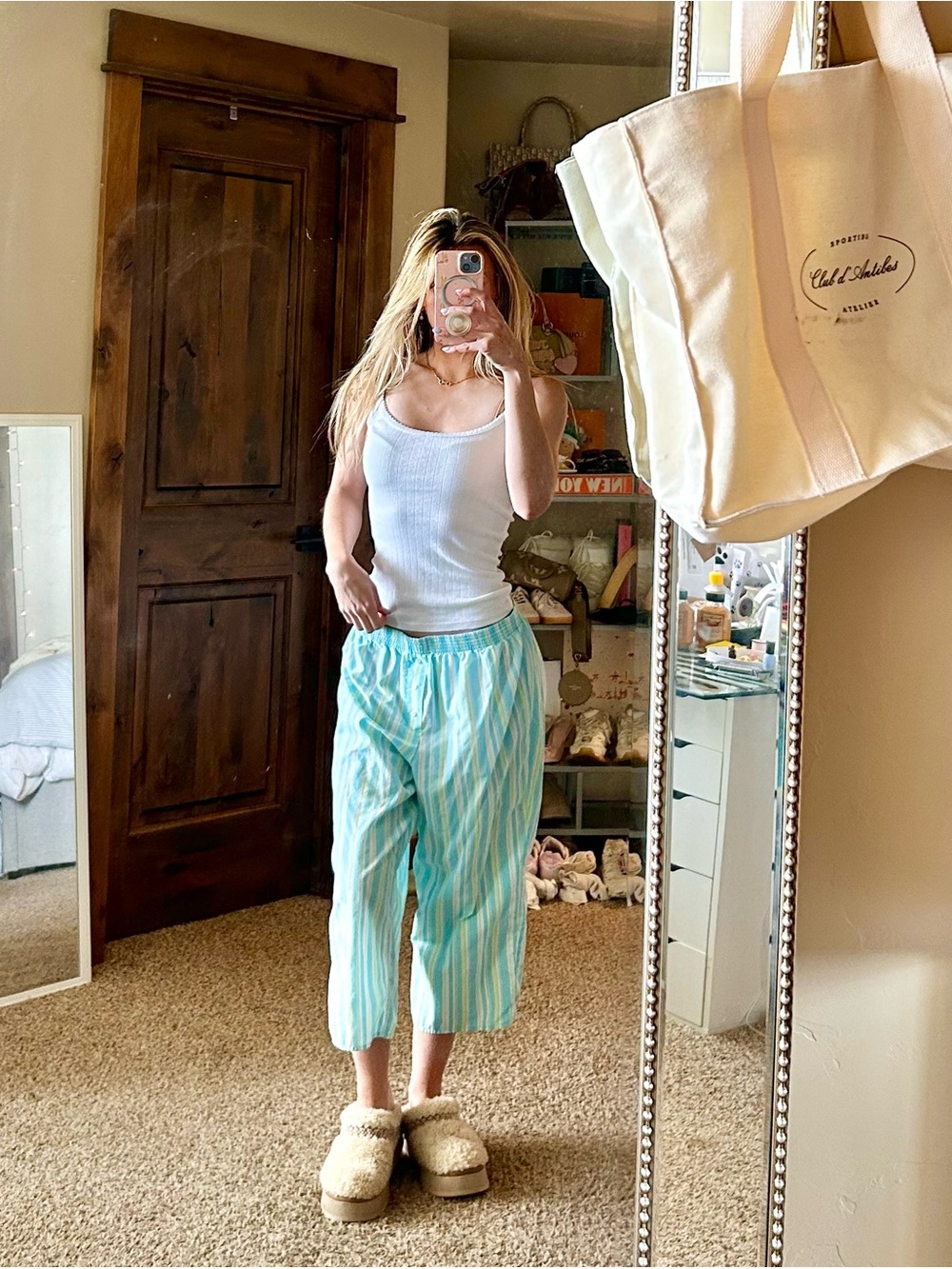 Ali Studio Collection Blue Green Tropical Coconut Girl striped Capri Pajama Pant
